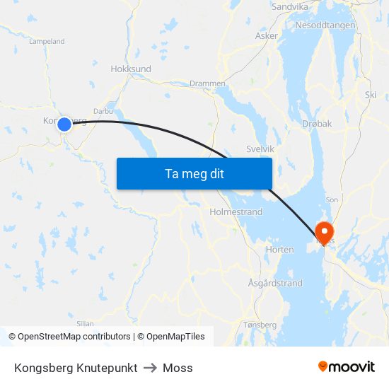 Kongsberg Knutepunkt to Moss map