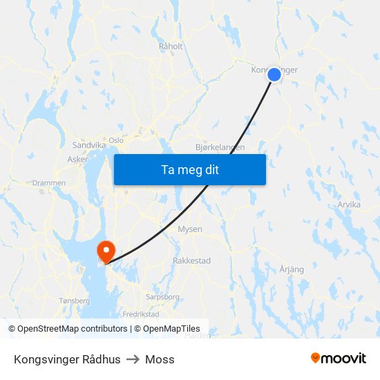 Kongsvinger Rådhus to Moss map