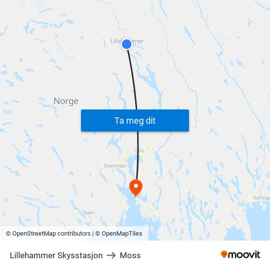 Lillehammer Skysstasjon to Moss map