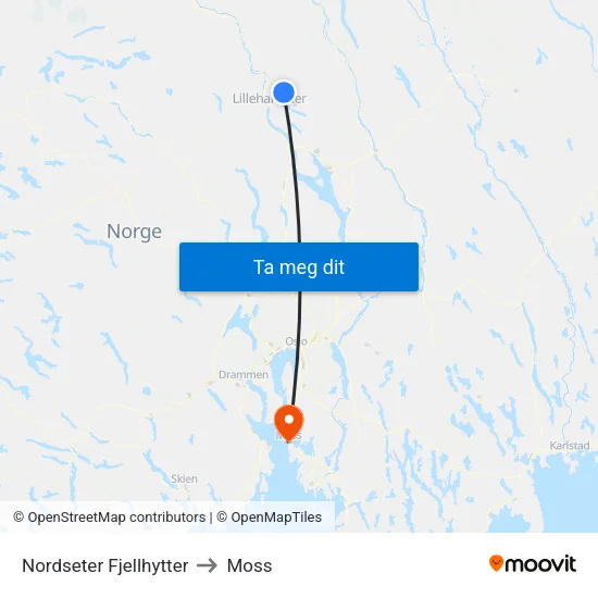 Nordseter Fjellhytter to Moss map