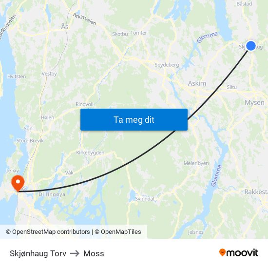 Skjønhaug Torv to Moss map