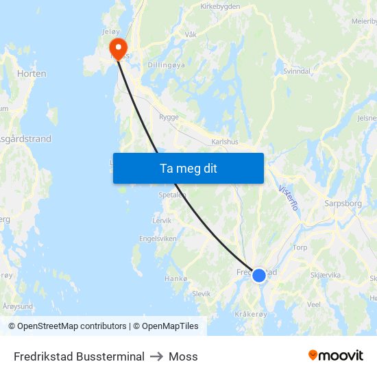 Fredrikstad Bussterminal to Moss map