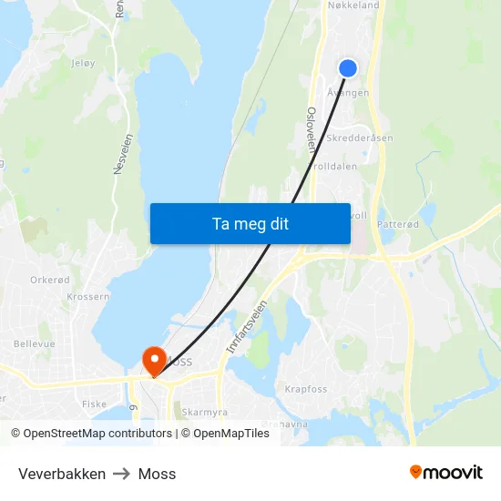 Veverbakken to Moss map