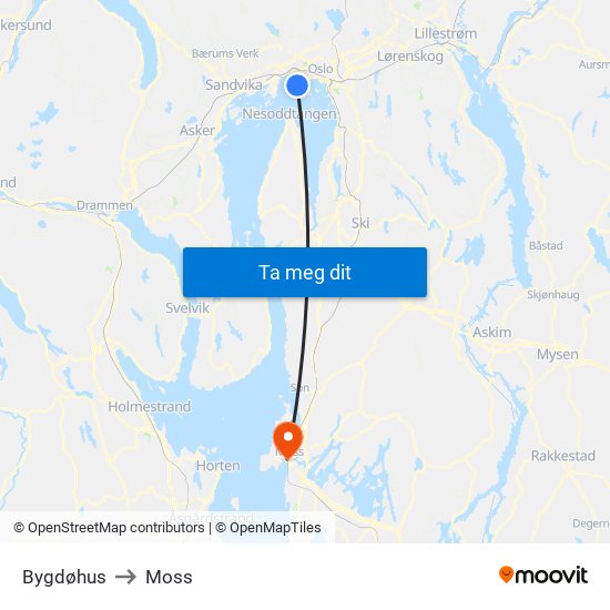 Bygdøhus to Moss map