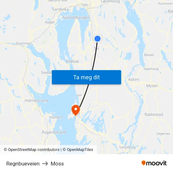 Regnbueveien to Moss map