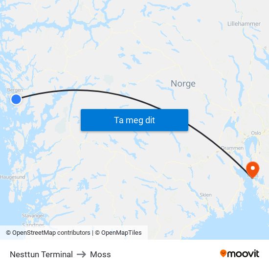Nesttun Terminal to Moss map