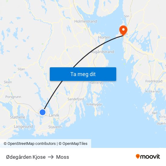 Ødegården Kjose to Moss map