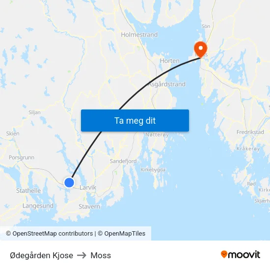 Ødegården Kjose to Moss map