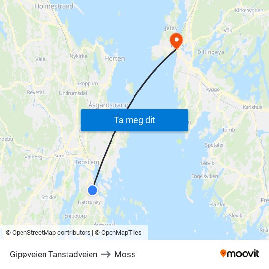 Gipøveien Tanstadveien to Moss map