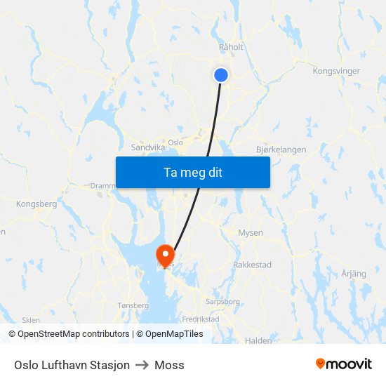 Oslo Lufthavn Stasjon to Moss map