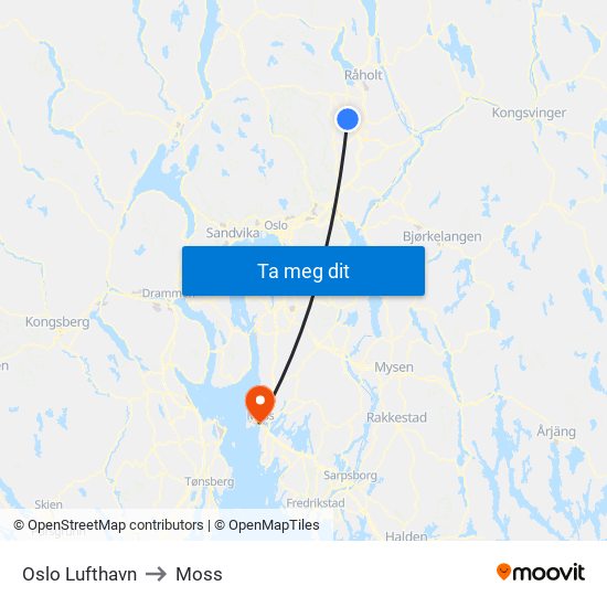 Oslo Lufthavn to Moss map