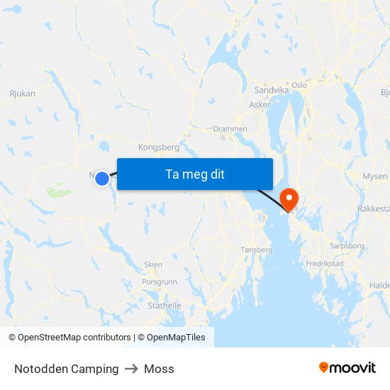 Notodden Camping to Moss map