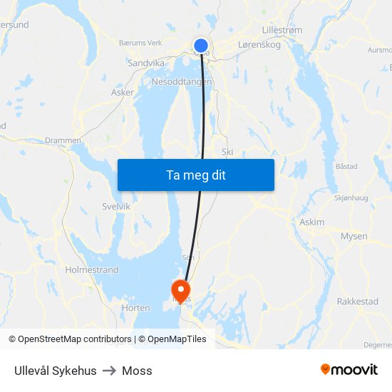 Ullevål Sykehus to Moss map