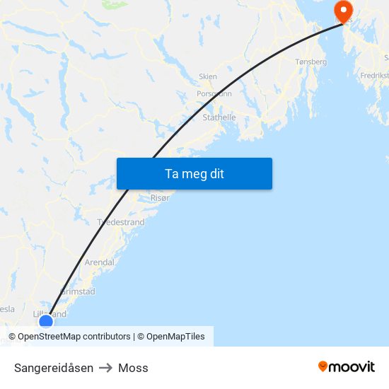 Sangereidåsen to Moss map