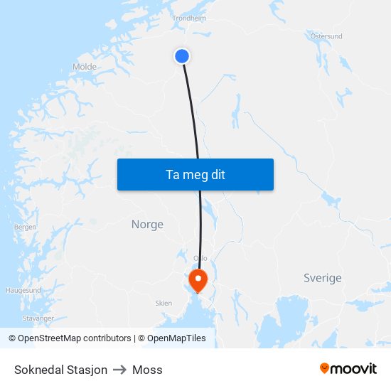 Soknedal Stasjon to Moss map