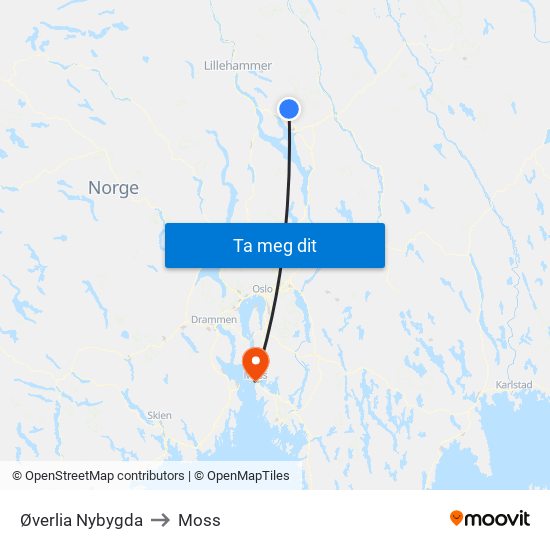 Øverlia Nybygda to Moss map