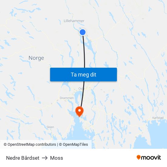 Nedre Bårdset to Moss map