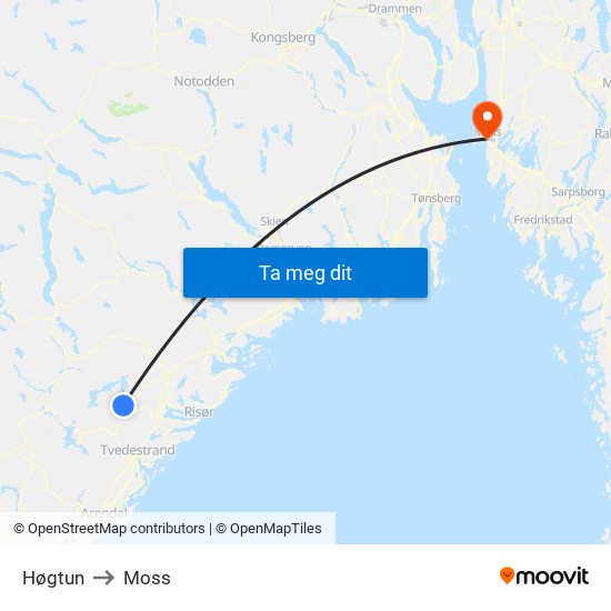 Høgtun to Moss map