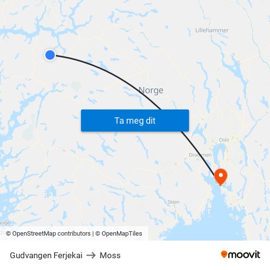 Gudvangen Ferjekai to Moss map