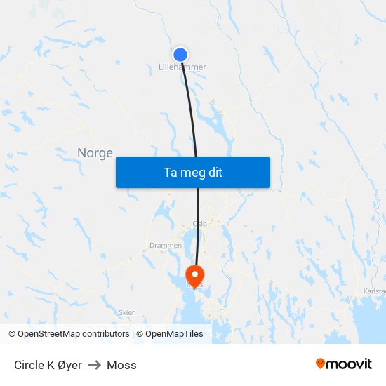 Circle K Øyer to Moss map
