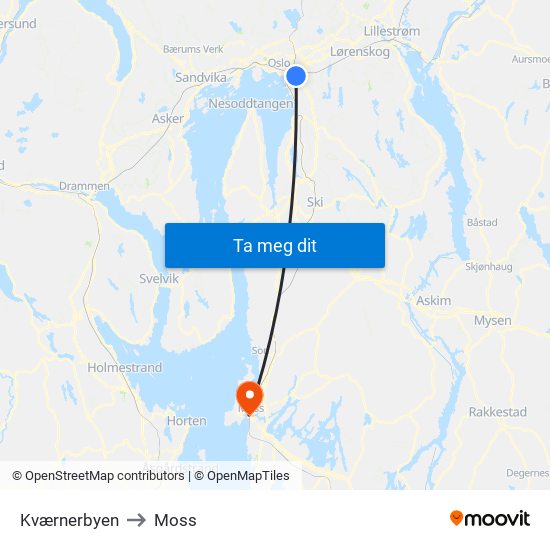 Kværnerbyen to Moss map