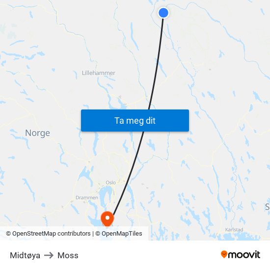 Midtøya to Moss map