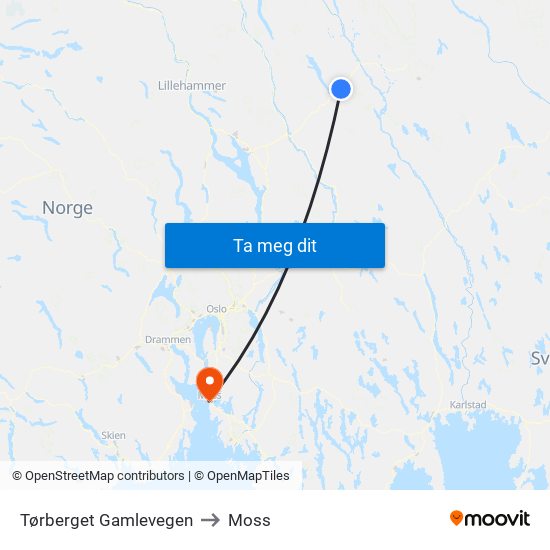 Tørberget Gamlevegen to Moss map