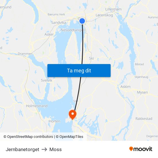 Jernbanetorget to Moss map