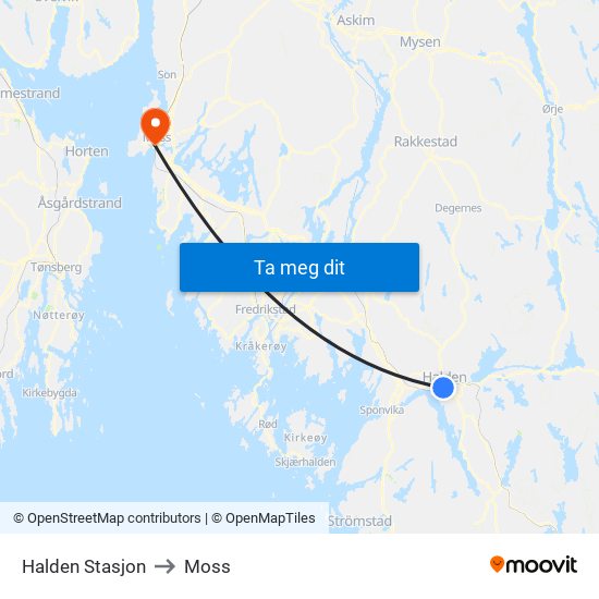 Halden Stasjon to Moss map