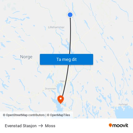 Evenstad Stasjon to Moss map