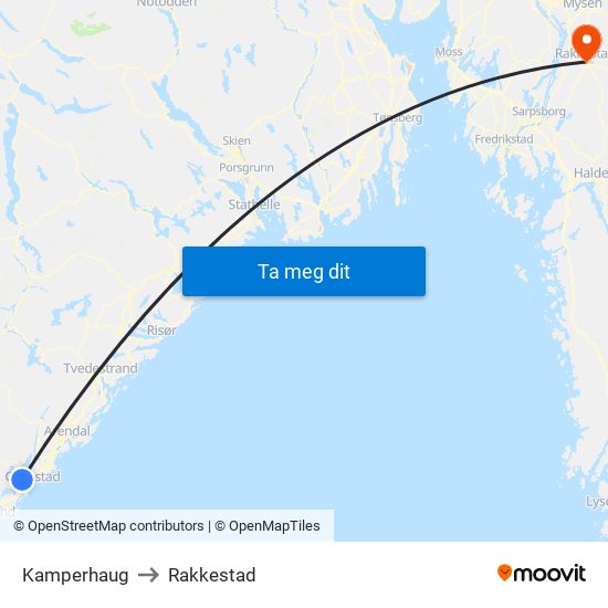 Kamperhaug to Rakkestad map
