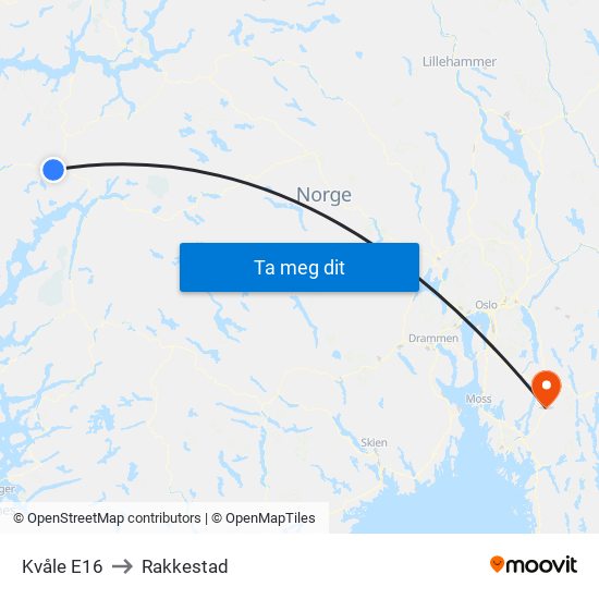 Kvåle E16 to Rakkestad map