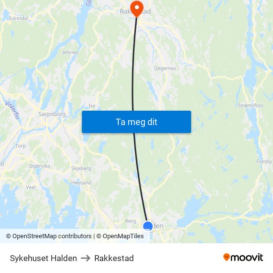 Sykehuset Halden to Rakkestad map