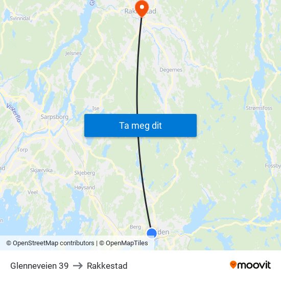 Glenneveien 39 to Rakkestad map