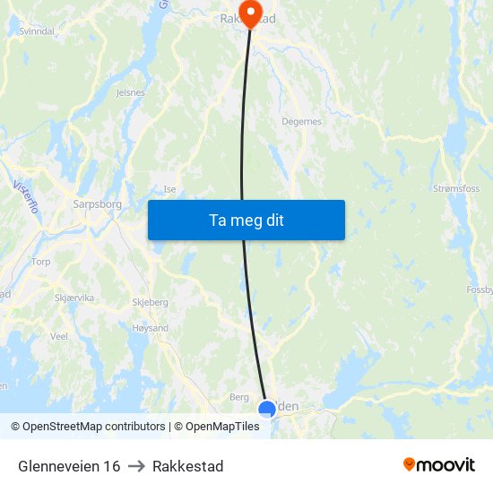 Glenneveien 16 to Rakkestad map