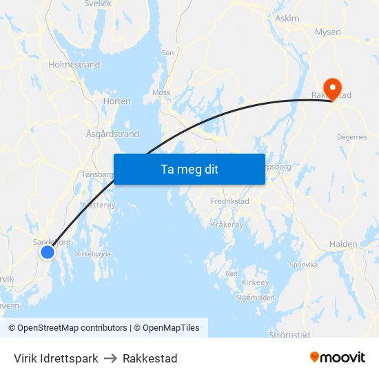 Virik Idrettspark to Rakkestad map