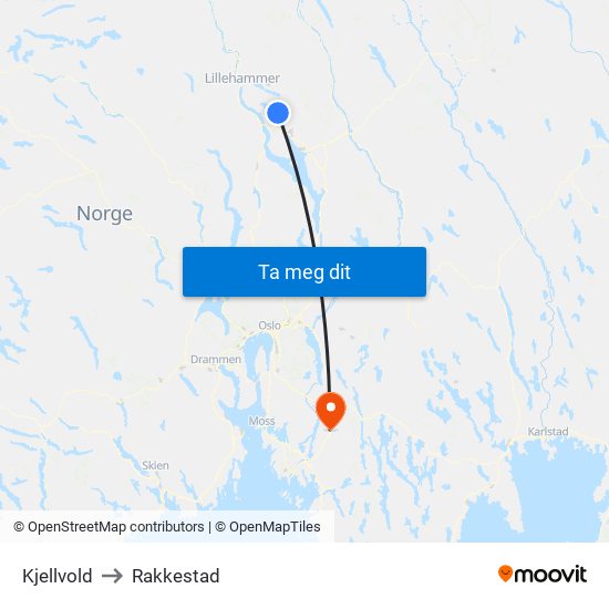 Kjellvold to Rakkestad map