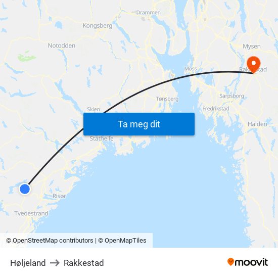 Høljeland to Rakkestad map