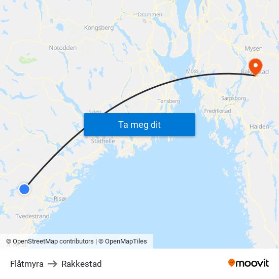 Flåtmyra to Rakkestad map