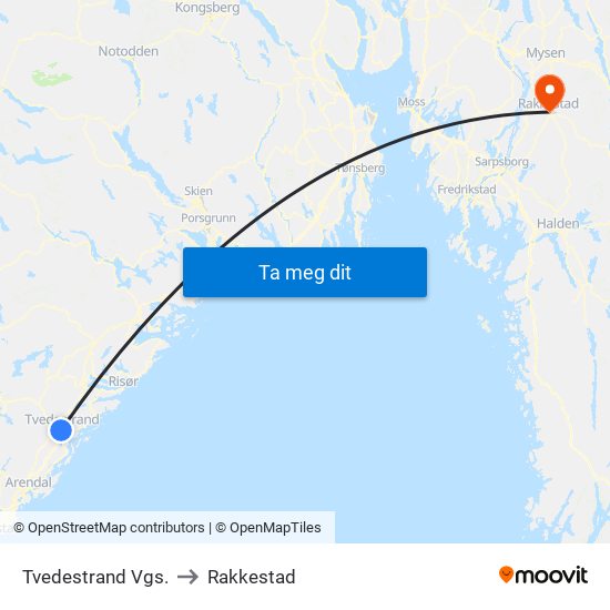 Tvedestrand Vgs. to Rakkestad map