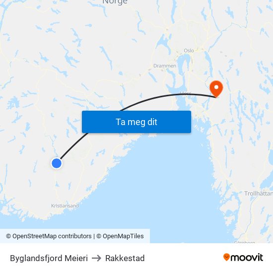 Byglandsfjord Meieri to Rakkestad map