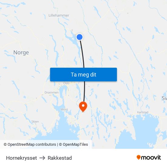 Hornekrysset to Rakkestad map