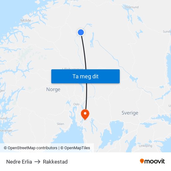 Nedre Erlia to Rakkestad map