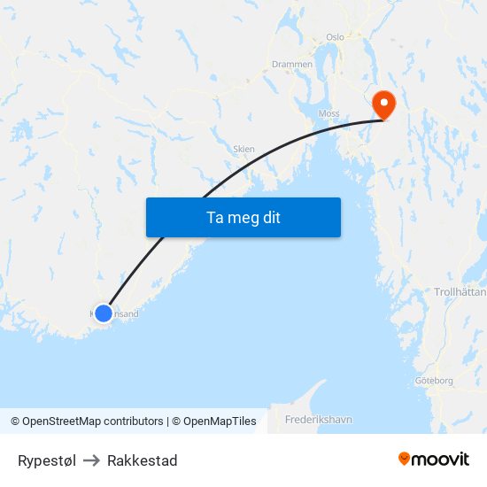 Rypestøl to Rakkestad map