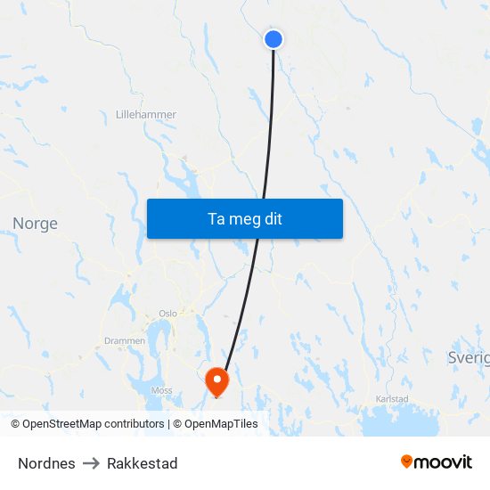 Nordnes to Rakkestad map
