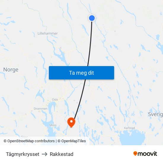 Tågmyrkrysset to Rakkestad map