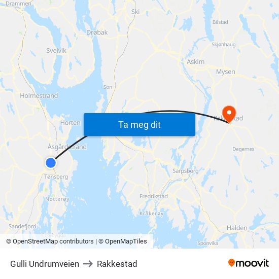 Gulli Undrumveien to Rakkestad map