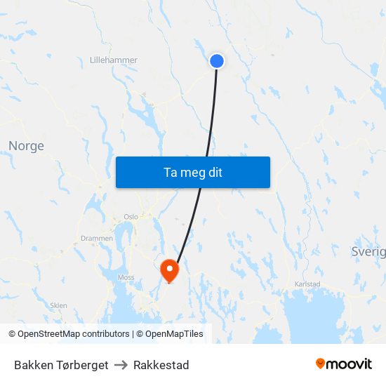 Bakken Tørberget to Rakkestad map