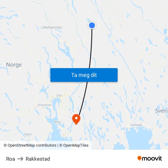 Roa to Rakkestad map