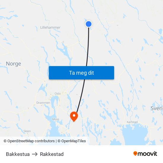 Bakkestua to Rakkestad map